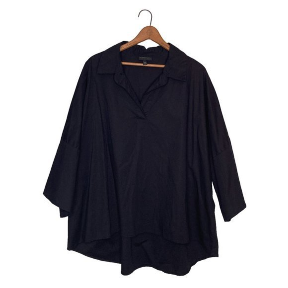 Lane Bryant‎ 22/24 Black Collared V-Neck Poplin Stretch Hi Low Pullover Top Plus